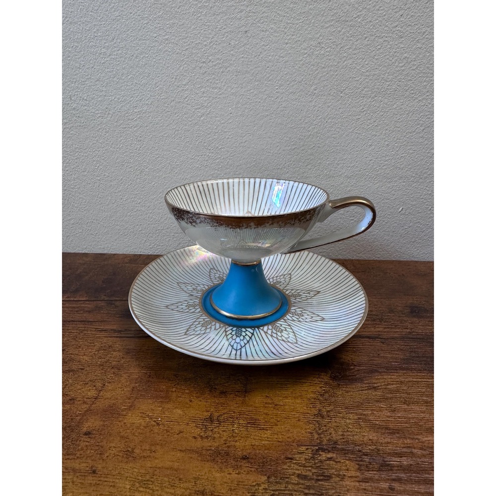 Vintage Royal Halsey Very Fine Lusterware Teacup Saucer Set Iridescent Blue Gold